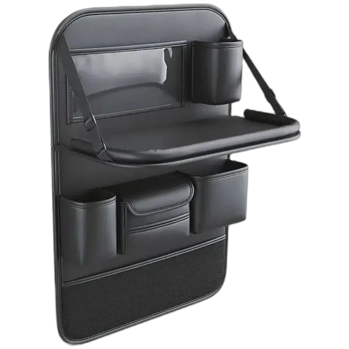 Black leather back seat car organizer, for laptop, phone, i pad, cup