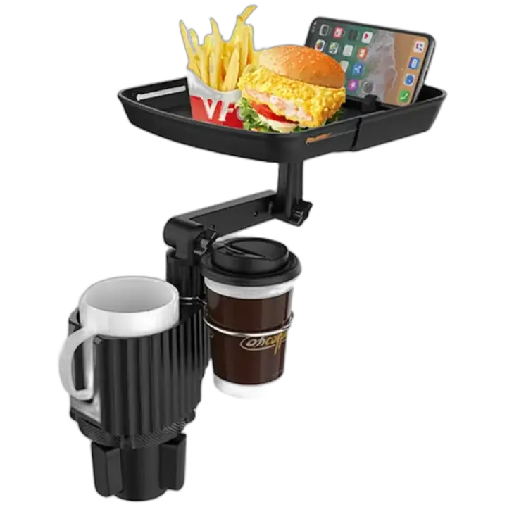 Multi function bottle food table organizer, tray attachable dual car cup and phone holder